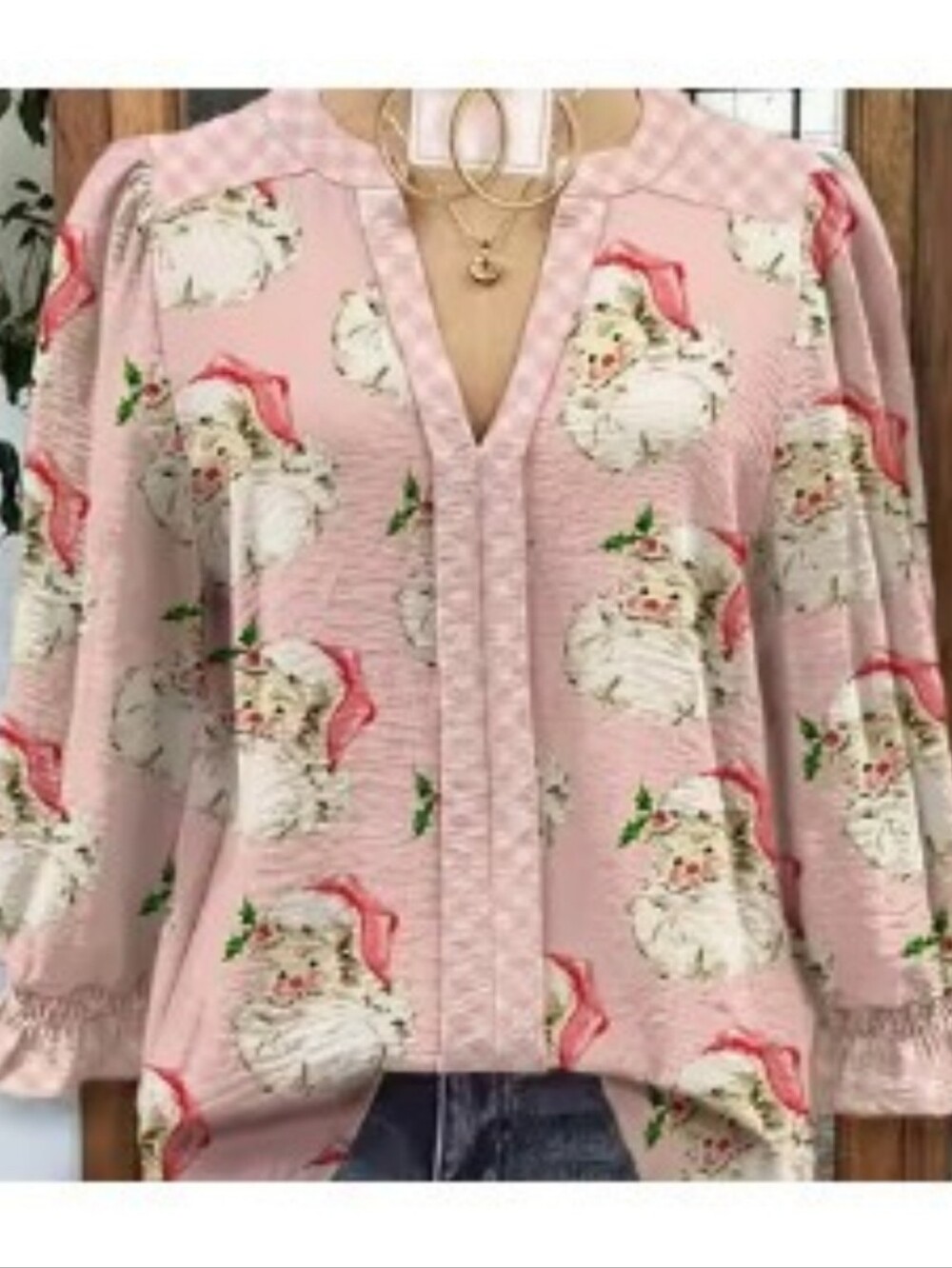 Pink Santa Print V-Neck Women's Top
